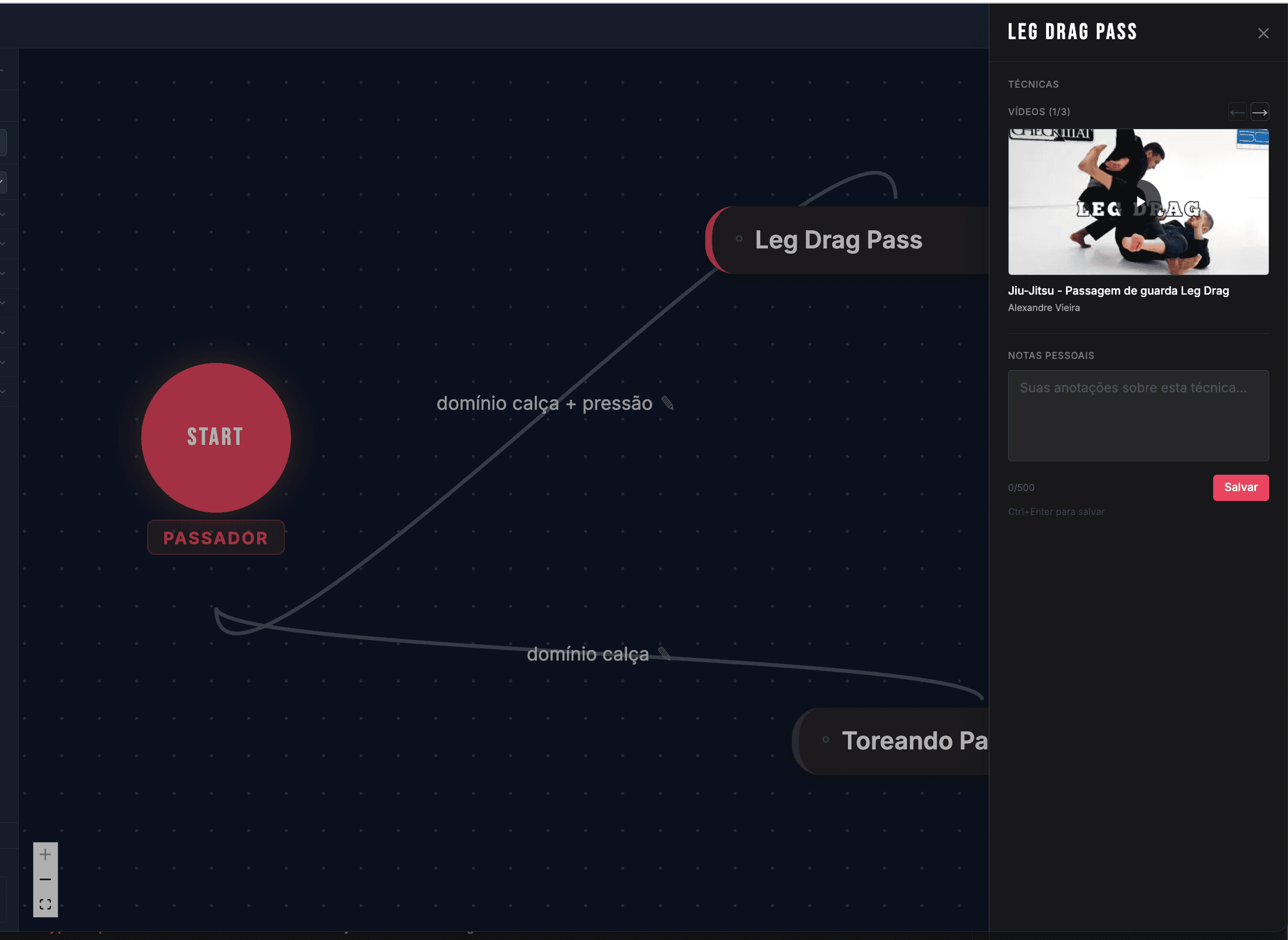 Editor com vídeo do YouTube carregado automaticamente para a técnica Leg Drag Pass
